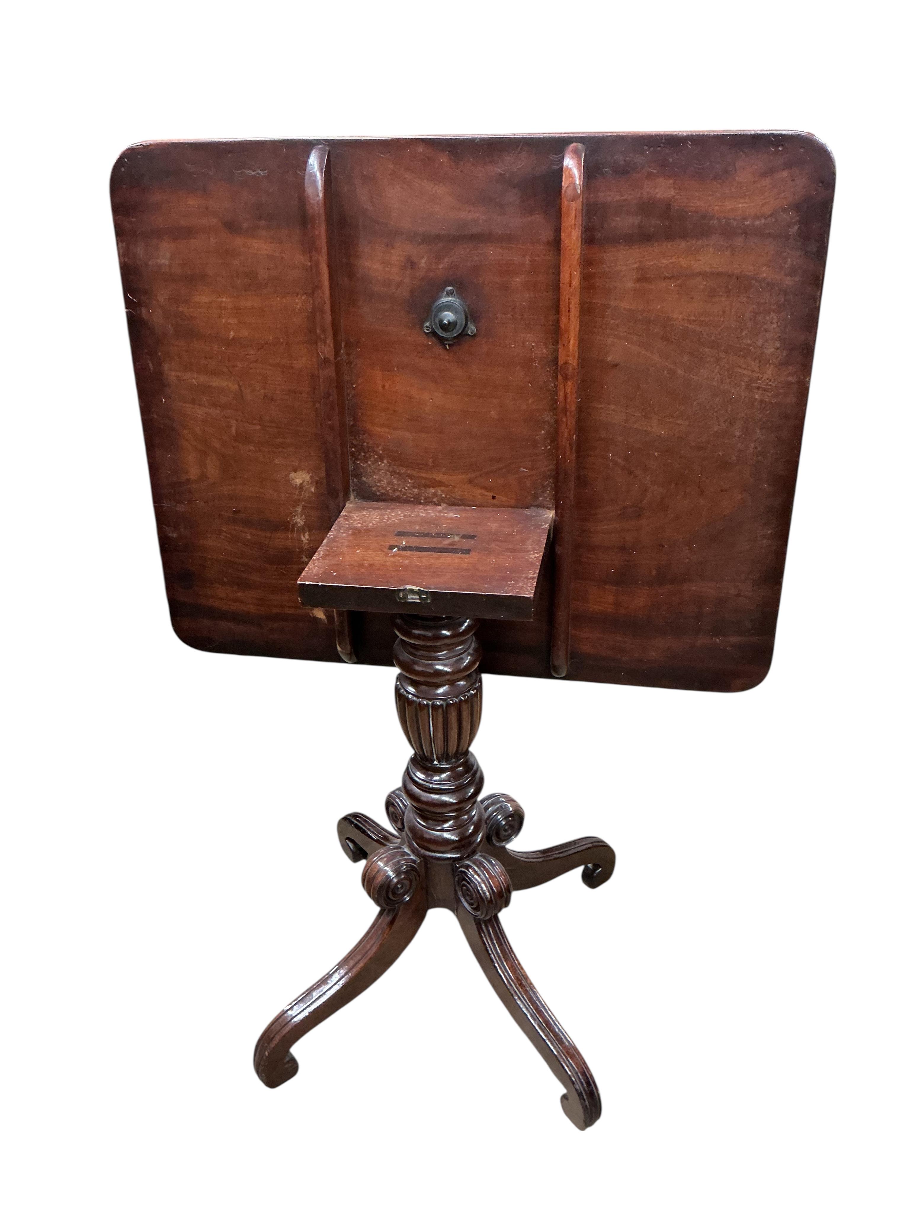 A Regency rectangular mahogany tilt top tea table, width 78cm, depth 63cm, height 71cm